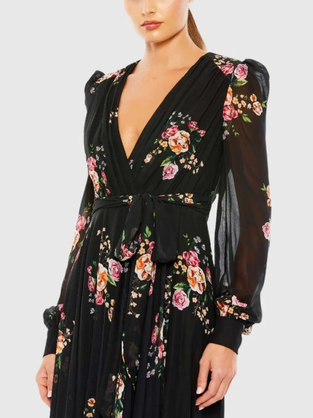 Mac Duggal Size 6 Black Floral 55661 Belted Long Sleeve V-neck Gown Dress Flaws - Picture 3 of 16